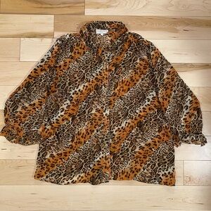 Vintage Leopard Print Button-Up Sheer Blouse Retro Chic Y2K